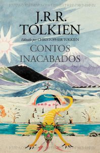 A capa do livro Contos Inacabados, contendo uma arte do próprio Tolkien, retratando o dragão dourado Glaurung e algumas montanhas ao fundo.